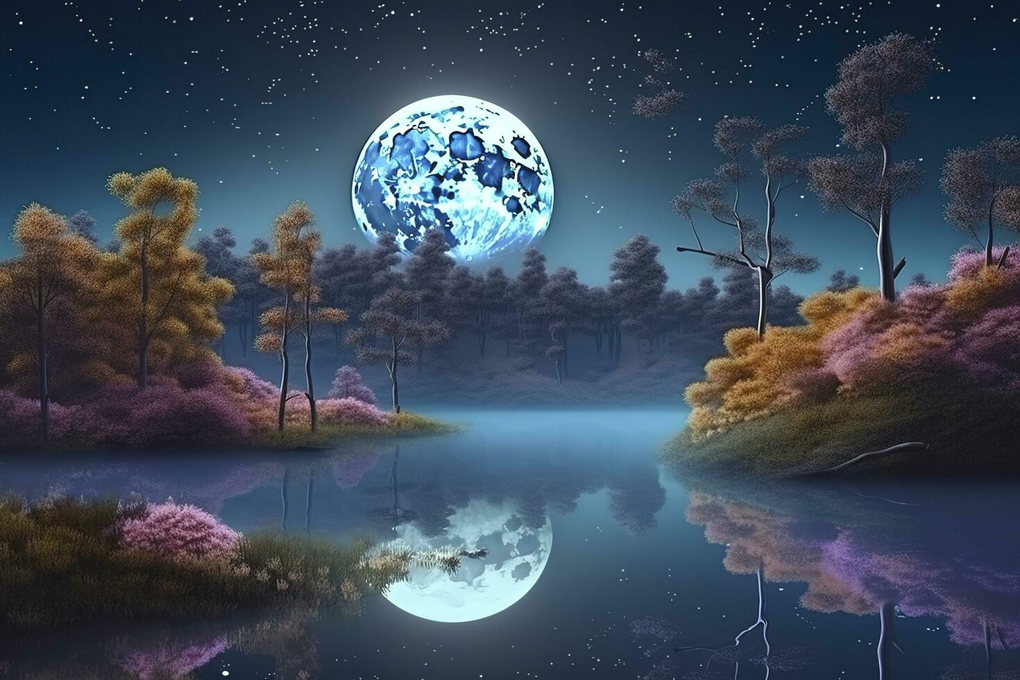 notte paesaggio ambiente raccogliere Luna al di sopra di un' luccicante lago lussureggiante vegetazione legno di betulla alberi, fiori, magico galassia. 3d disegno digitale arte, creare ai foto