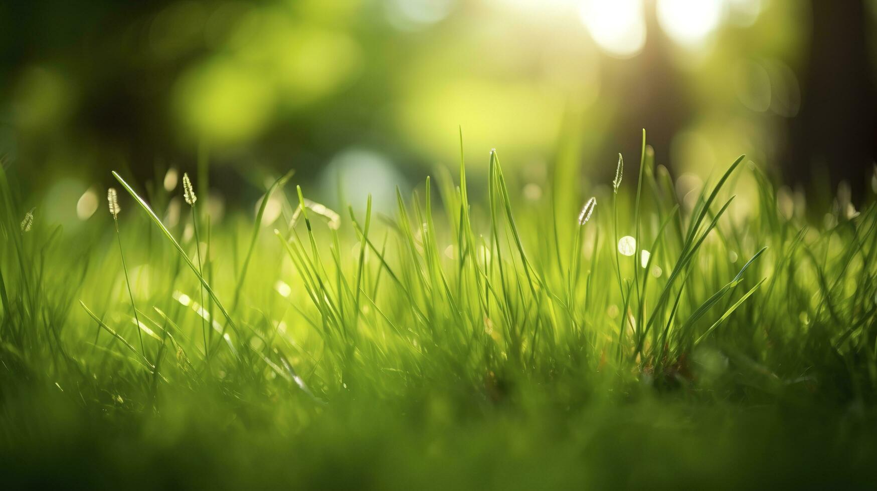 fresco verde giardino erba prato nel molla, estate con luminosa bokeh di sfocato fogliame di primavera nel il sfondo, creare ai foto