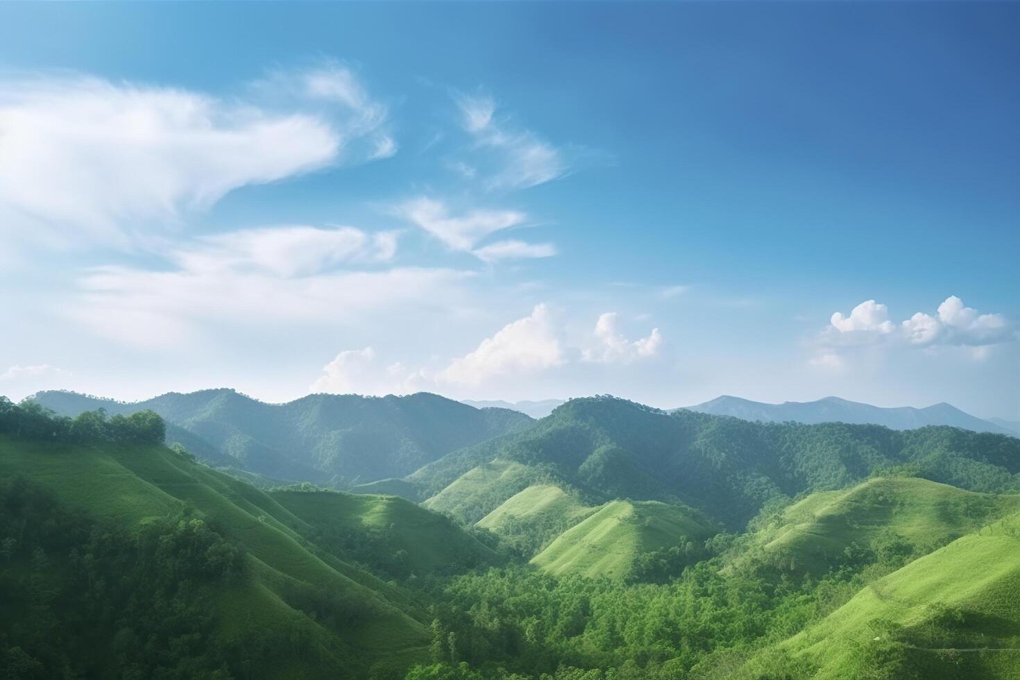 mondo ambiente giorno concetto, verde montagne e bellissimo blu cielo nuvole generativo ai foto