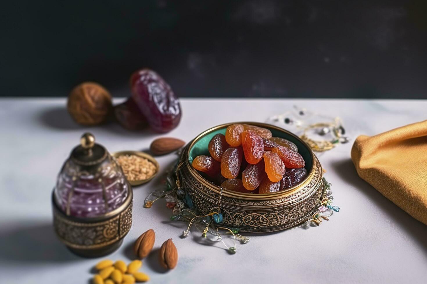 eid al-Fitr vacanza concetto con dolce secco date, frutta e decorazioni su luminosa sfondo. superiore Visualizza a partire dal sopra, creare ai foto