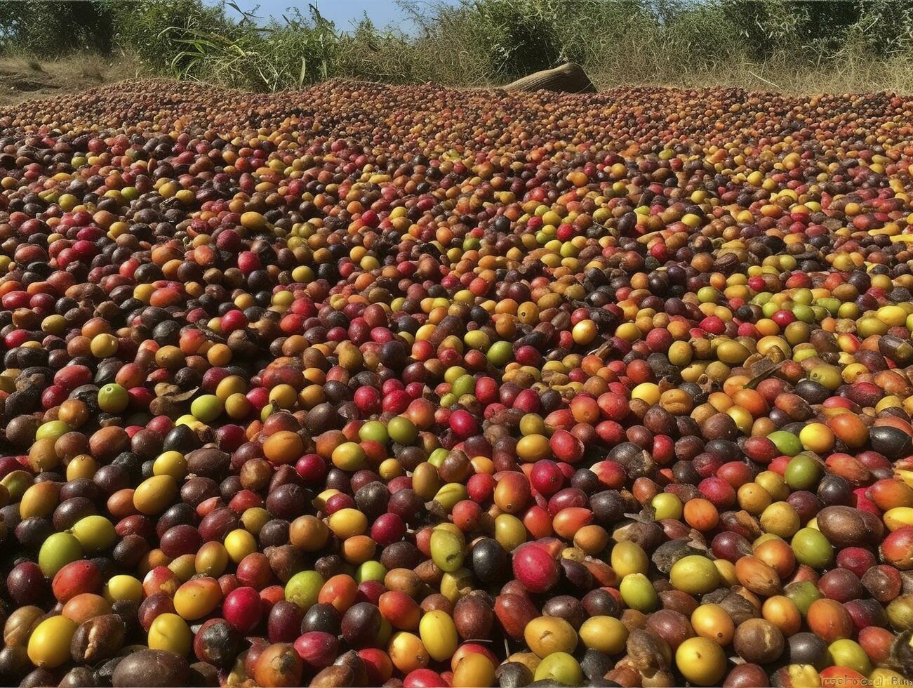 etiope rosso e verde caffè ciliegie dire bugie per asciutto nel il sole. Questo processi è il naturale processi. bona zuria, Etiopia, creare ai foto