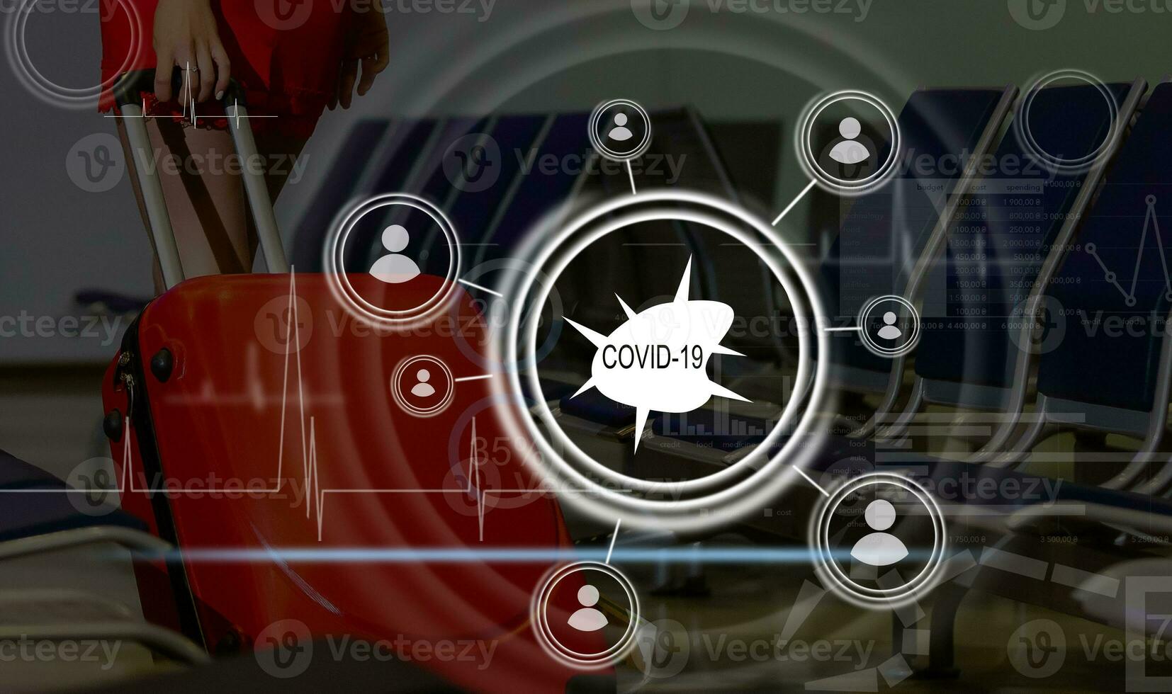 digitale illustrazione di aeroporto , con dati in lavorazione, attività commerciale e distribuzione durante il coronavirus covid-19 pandemia foto