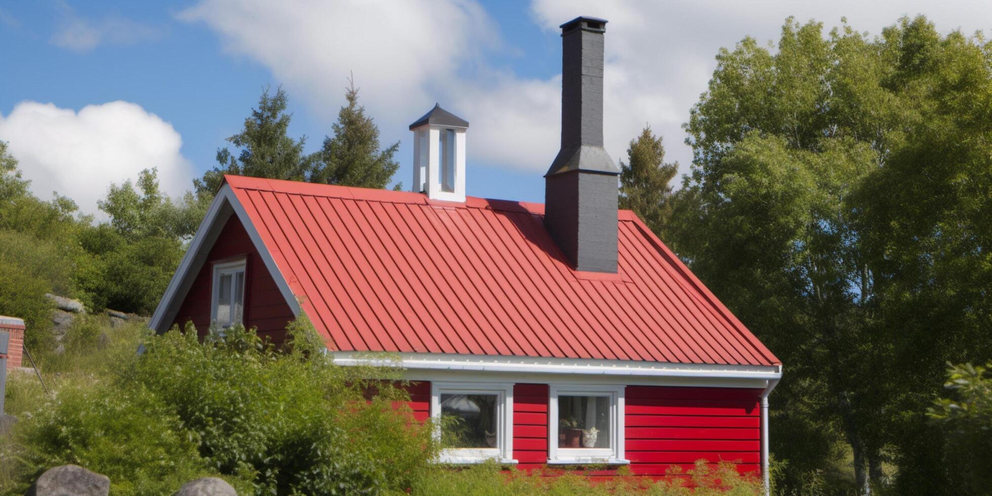 un' piccolo Casa con un' rosso camino su il superiore ai generato foto