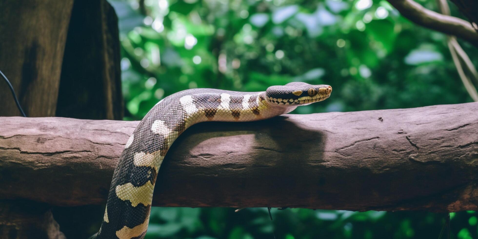 un' serpente con luminosa yelllow occhi e blu corpo ai generato foto