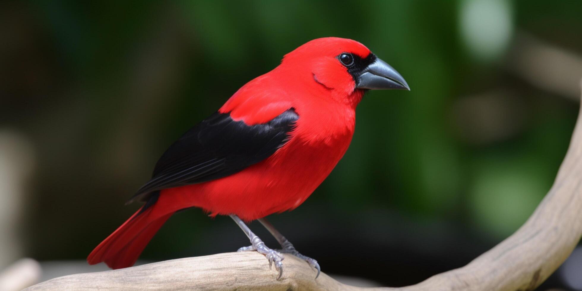 un' rosso uccello con un' nero becco e rosso piume ai generato foto