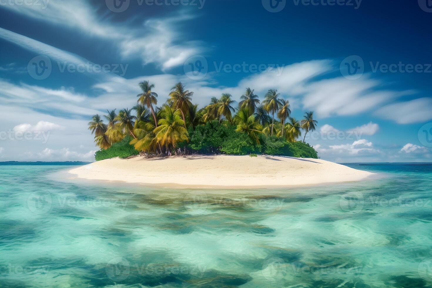 piccolo tropicale isola con sabbioso spiaggia e palma alberi nel il azzurro mare su un' soleggiato giorno. viaggio e ricreazione concetto. ai generato. foto