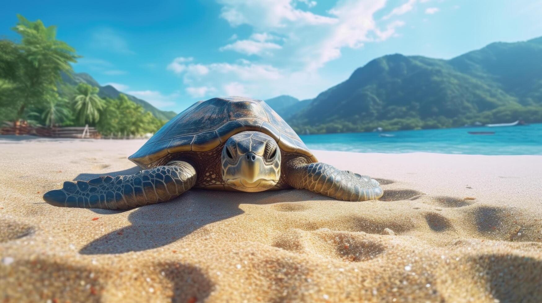 mare tartaruga strisciando su il sabbioso spiaggia. estate, blu cielo.. illustrazione ai generativo foto