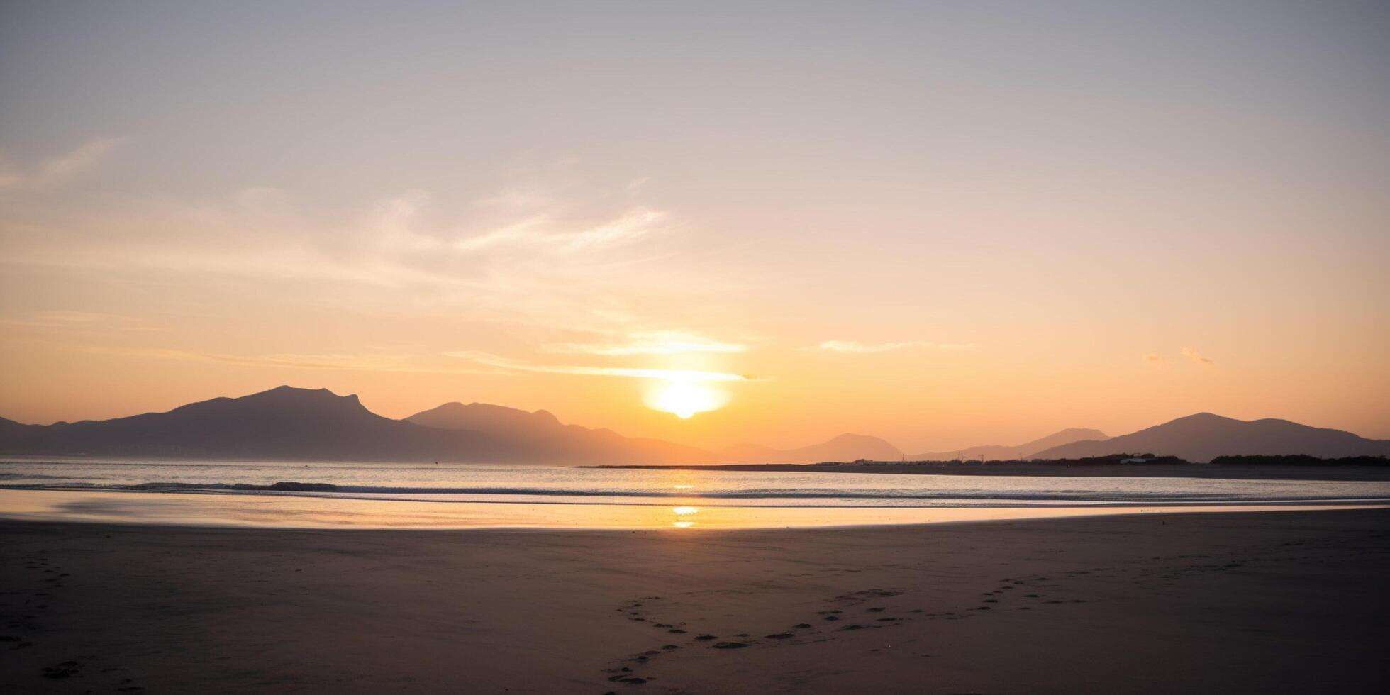 tramonto su il spiaggia con montagne nel il sfondo ai generato foto