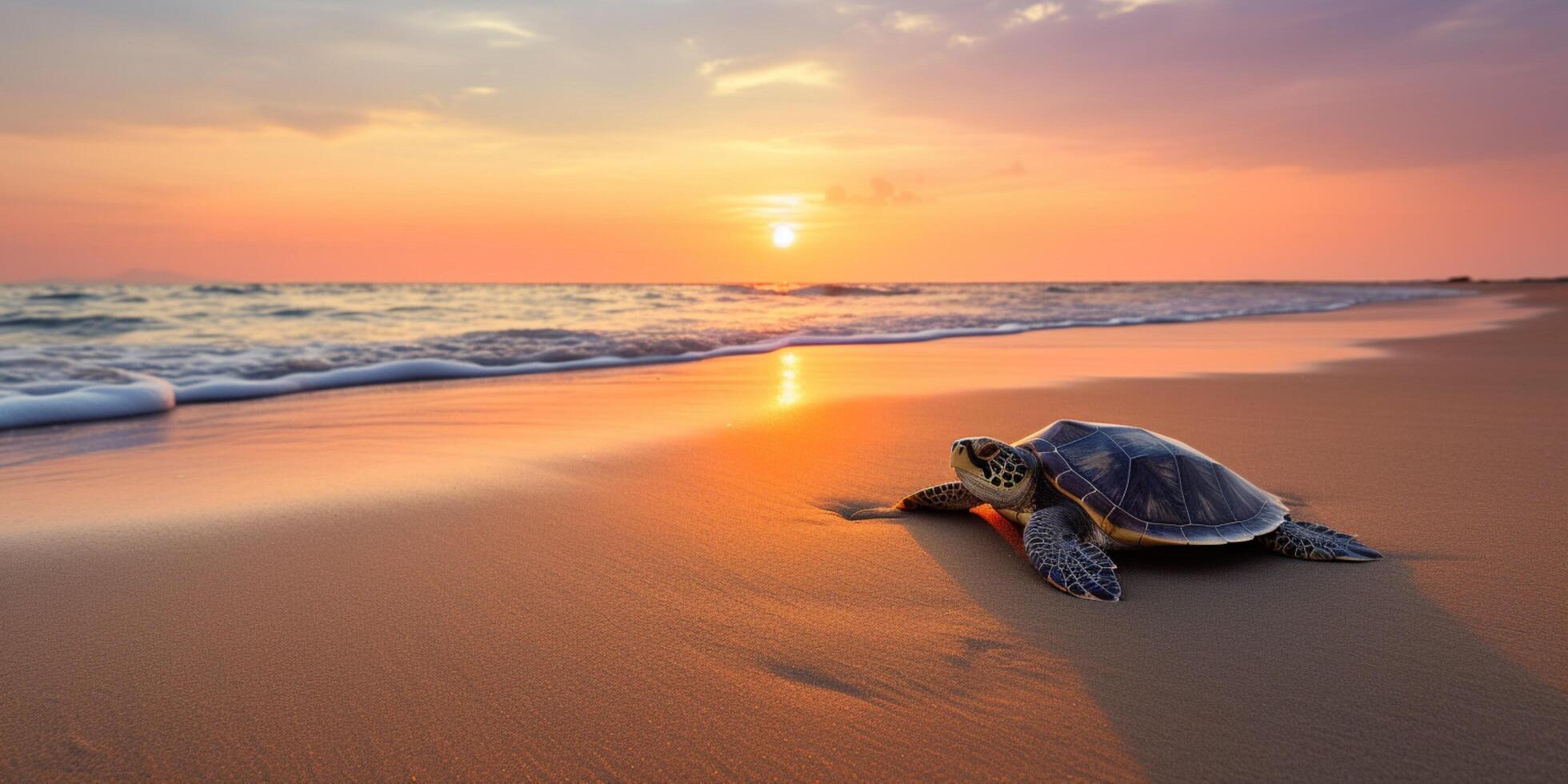 tartaruga su il spiaggia a tramonto ai generato foto