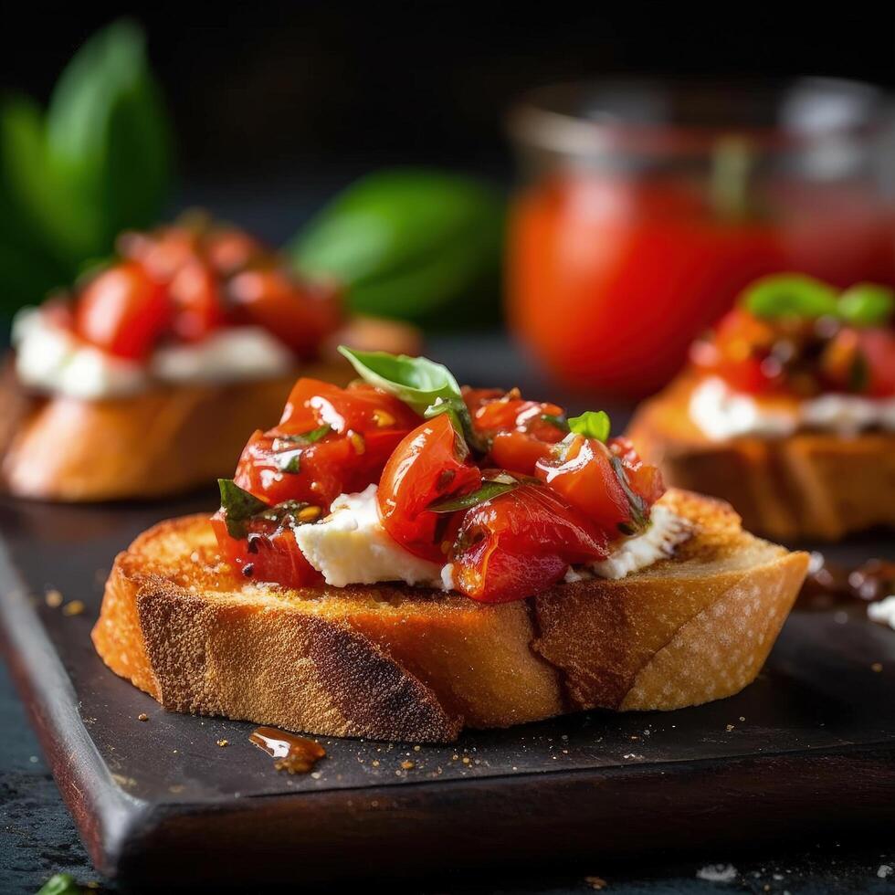 italiano Bruschetta con ricotta formaggio e pomodori illustrazione ai generativo foto