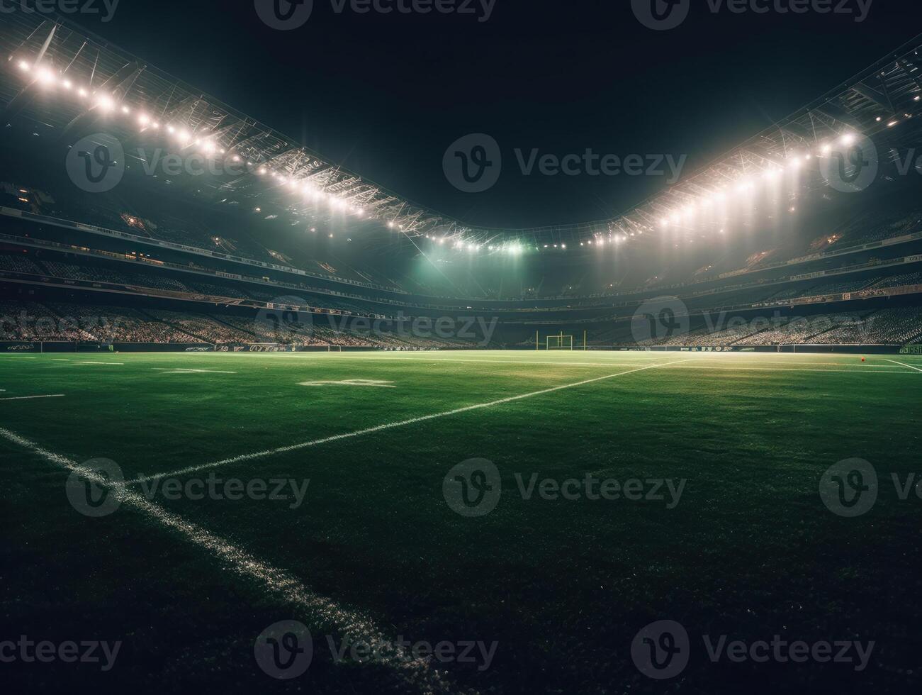 calcio stadio con luminosa luci e posti a sedere creato con generativo ai tecnologia foto