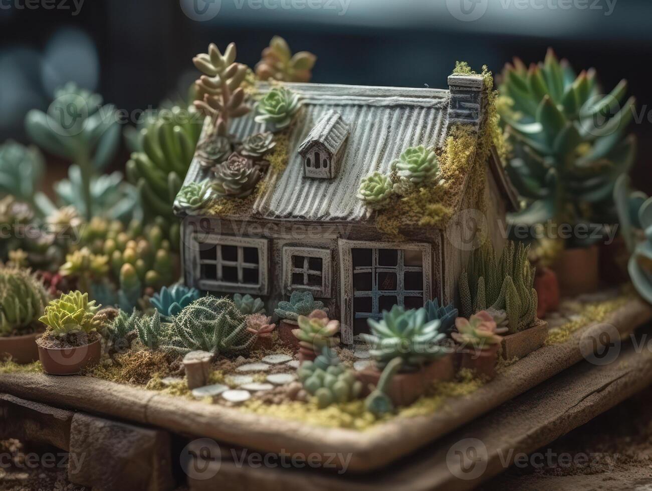 fantasia miniatura casa fiori succulente e cactus nel il giardino creato con generativo ai tecnologia foto