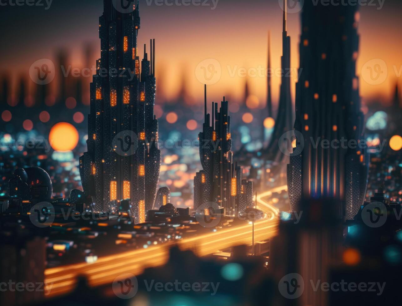 futuristico città paesaggio paesaggio urbano isometrico Visualizza notte città creato con generativo ai tecnologia foto