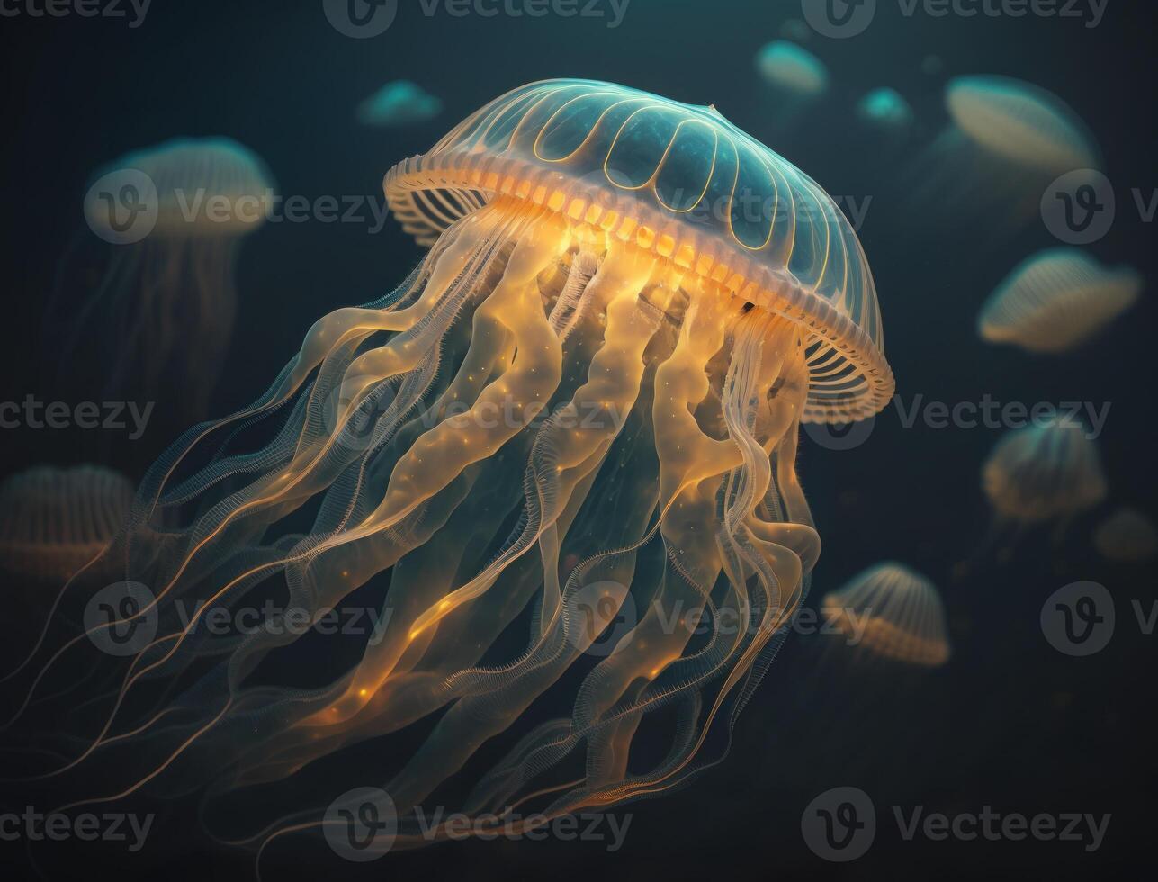 Medusa nuotate nel il oceano mare creato con generativo ai tecnologia foto