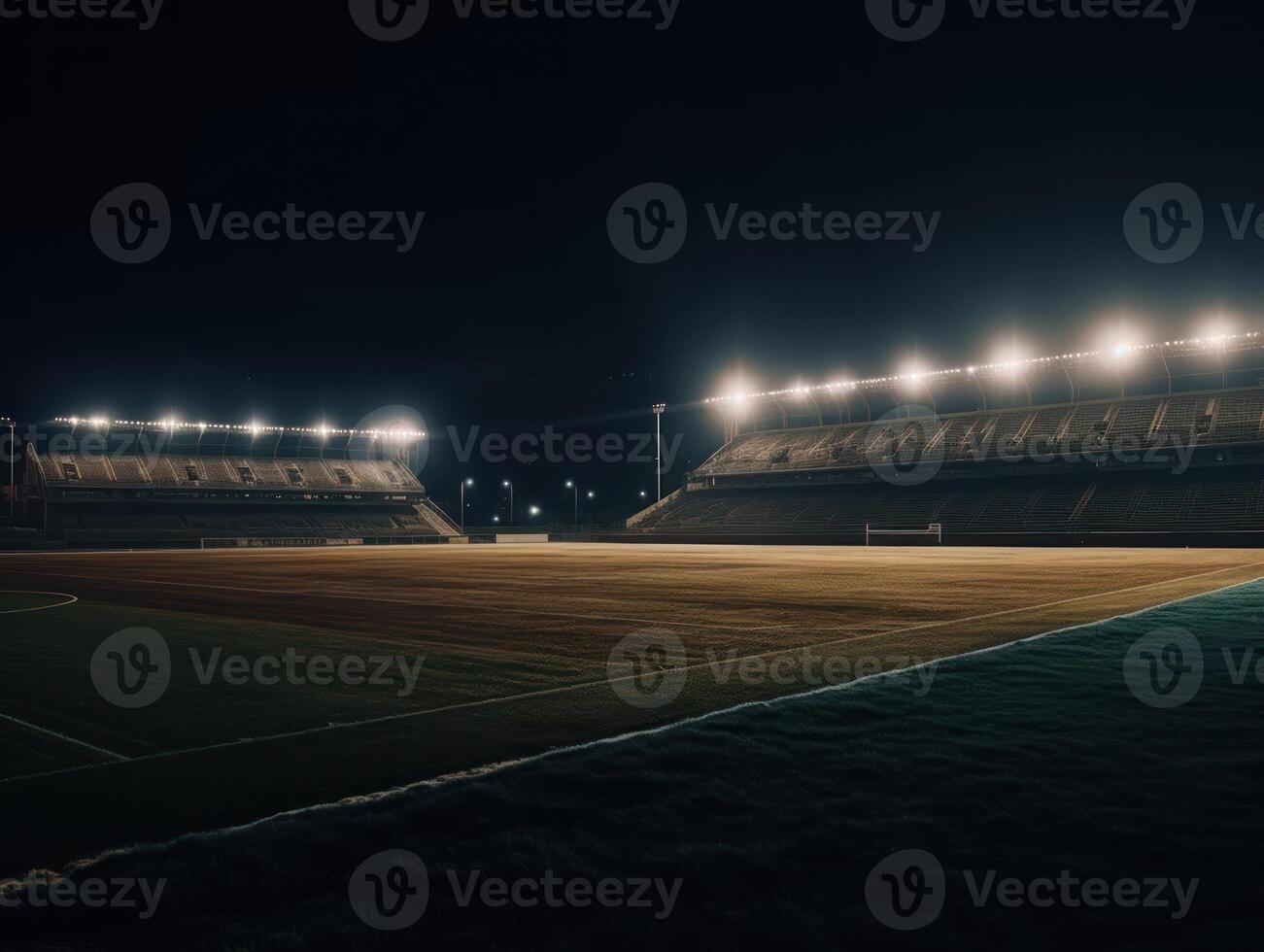 calcio stadio con luminosa luci e posti a sedere creato con generativo ai tecnologia foto