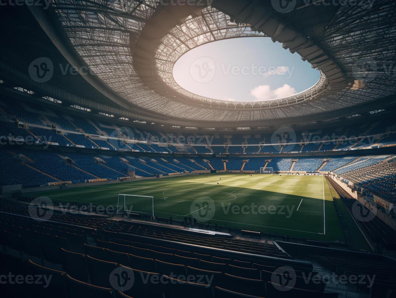 calcio stadio con luminosa luci e posti a sedere creato con generativo ai tecnologia foto