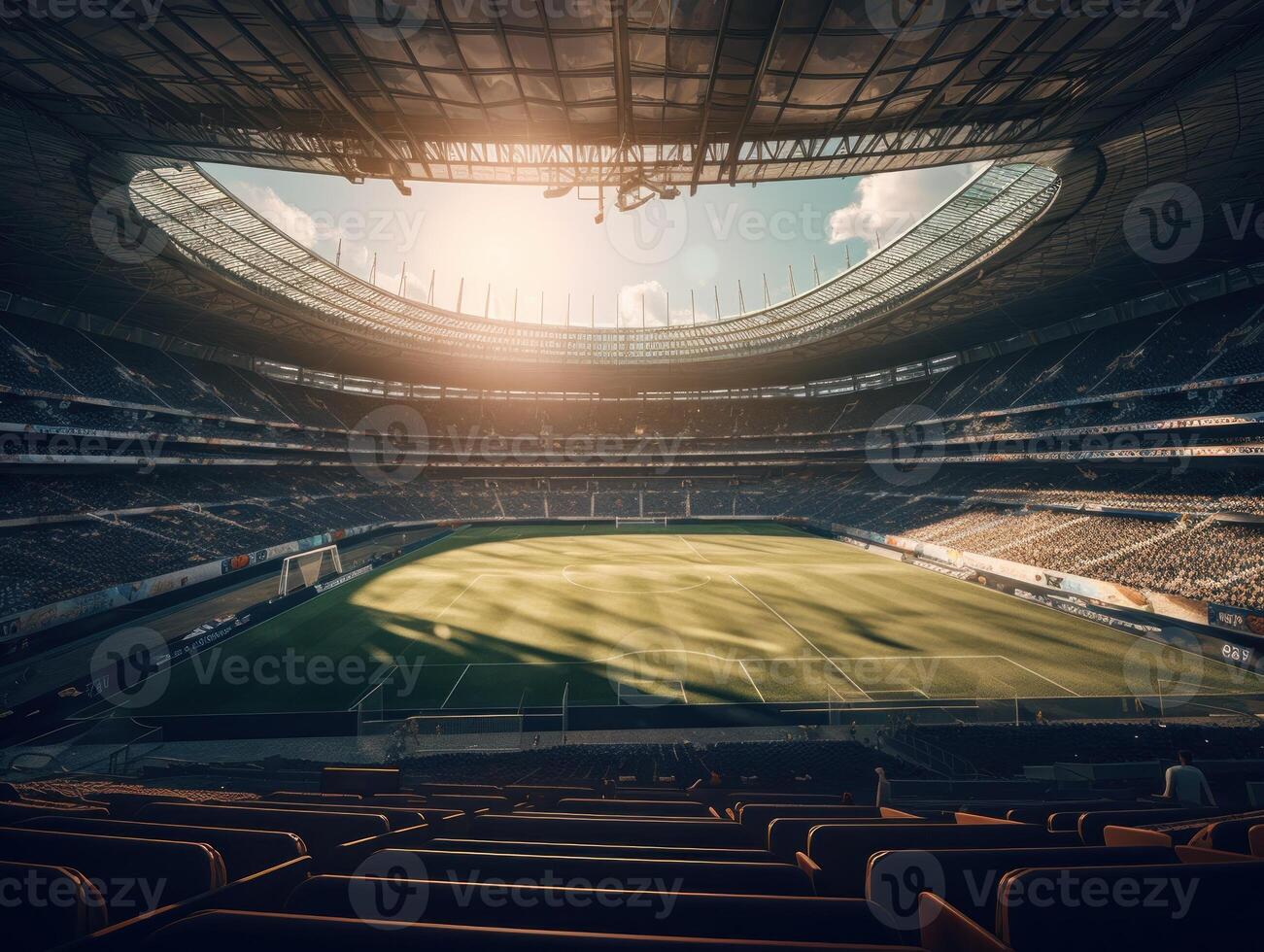 calcio stadio con luminosa luci e posti a sedere creato con generativo ai tecnologia foto
