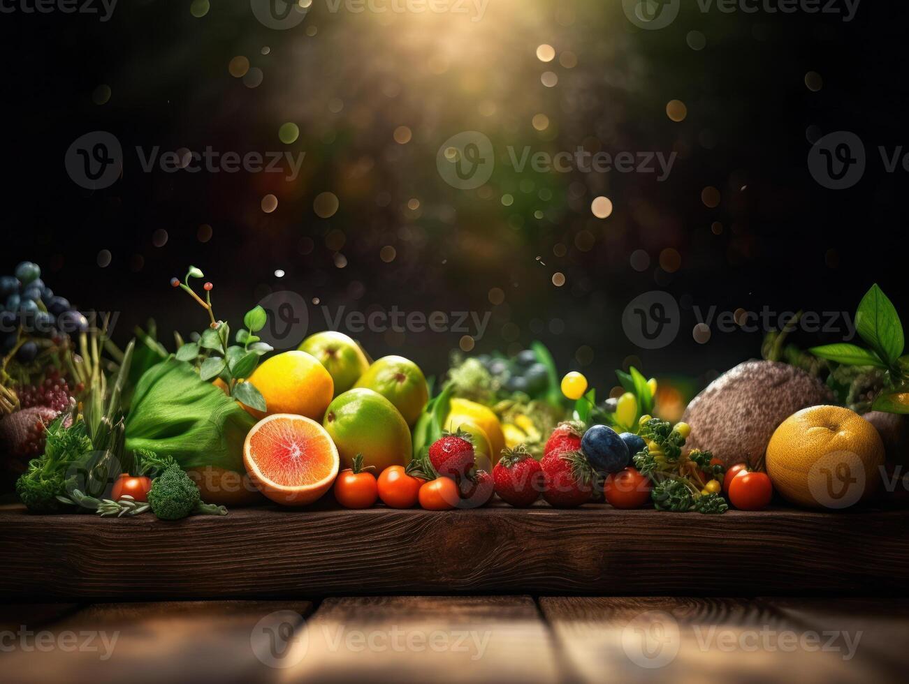 fresco frutta e verdure su di legno tavolo creato con generativo ai tecnologia foto