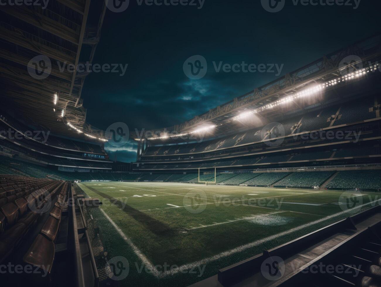 calcio stadio con luminosa luci e posti a sedere creato con generativo ai tecnologia foto