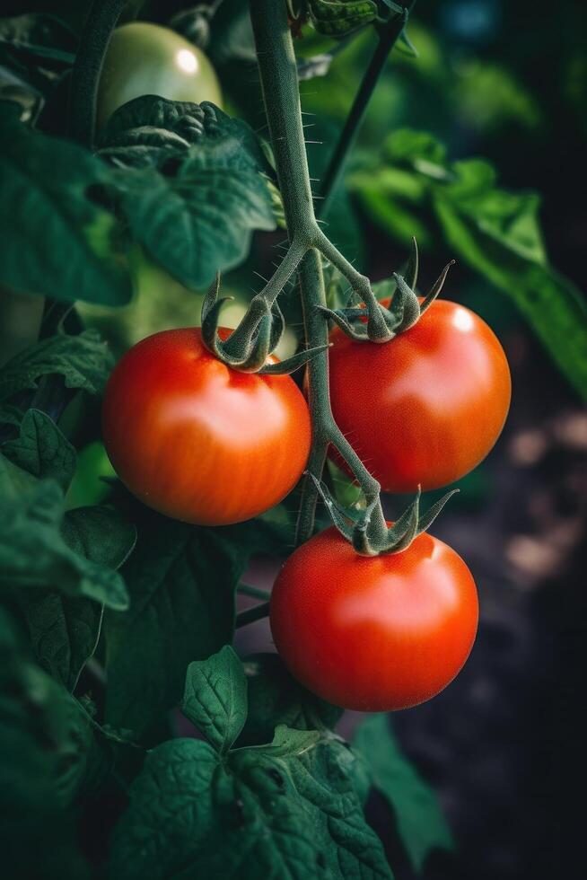 rosso maturo pomodoro nel giardino. illustrazione ai generativo foto