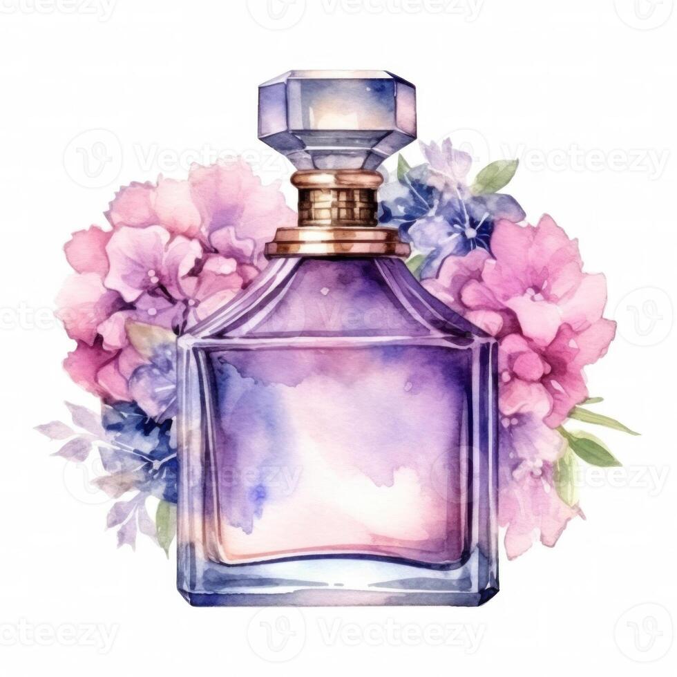 acquerello profumo bottiglia con fiori. illustrazione ai generativo foto