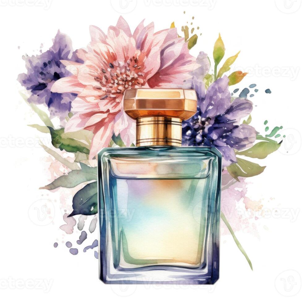 acquerello profumo bottiglia con fiori. illustrazione ai generativo foto