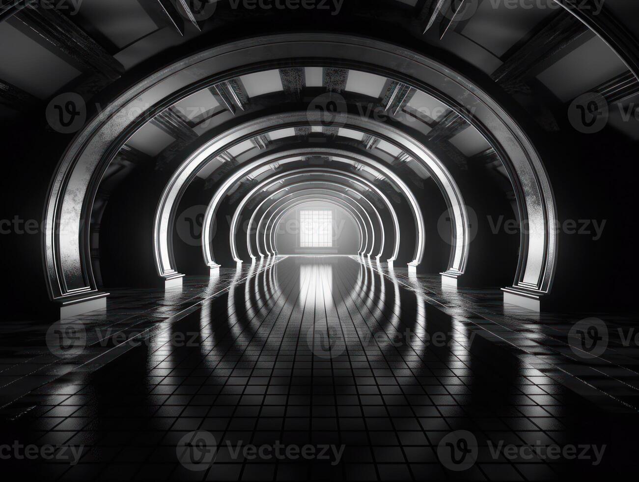 astratto futuristico tunnel corridoio con raggiante luci e riflessi scienza finzione stile creato con generativo ai tecnologia foto