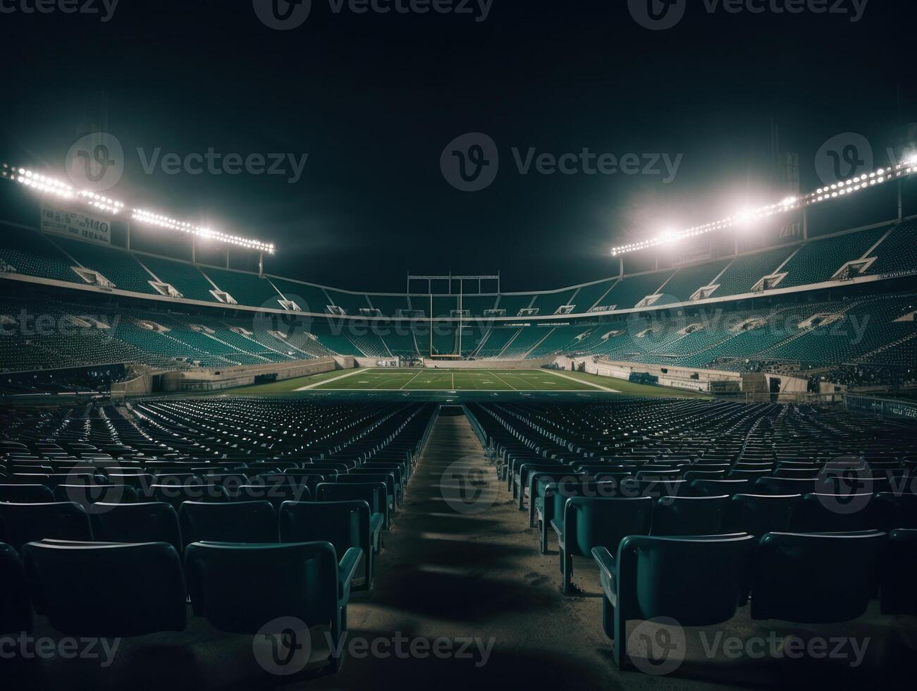 calcio stadio con luminosa luci e posti a sedere creato con generativo ai tecnologia foto