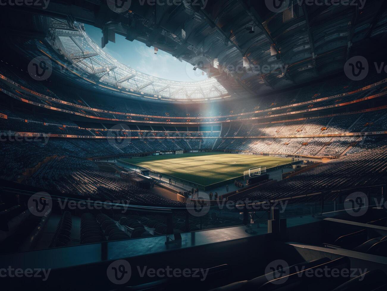 calcio stadio con luminosa luci e posti a sedere creato con generativo ai tecnologia foto