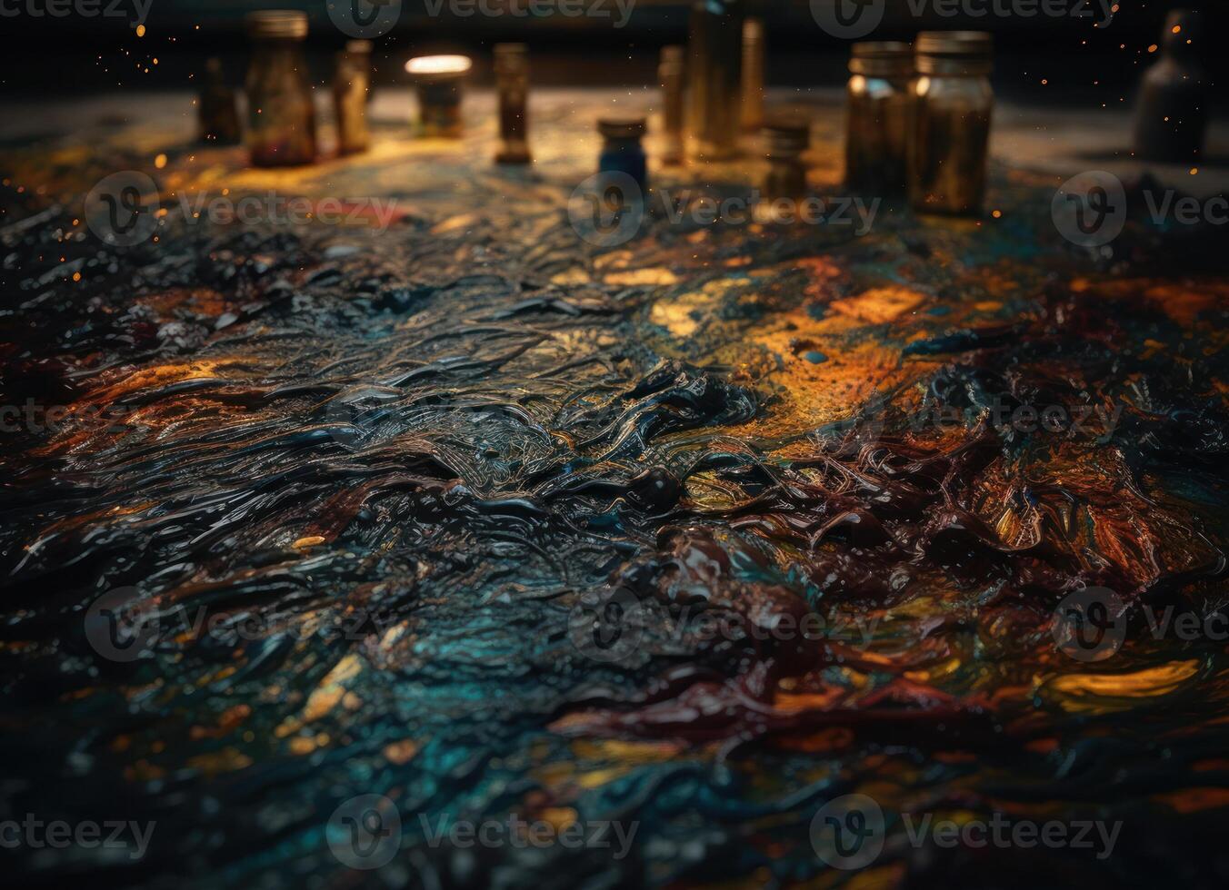 spruzzi di colorato liquido olio dipingere su un' buio sfondo creato con generativo ai tecnologia. foto