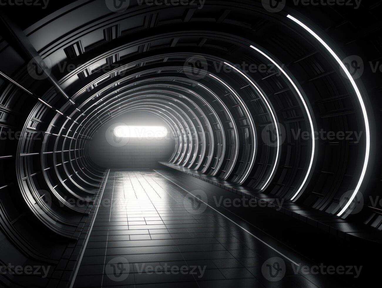 astratto futuristico tunnel corridoio con raggiante luci e riflessi scienza finzione stile creato con generativo ai tecnologia foto