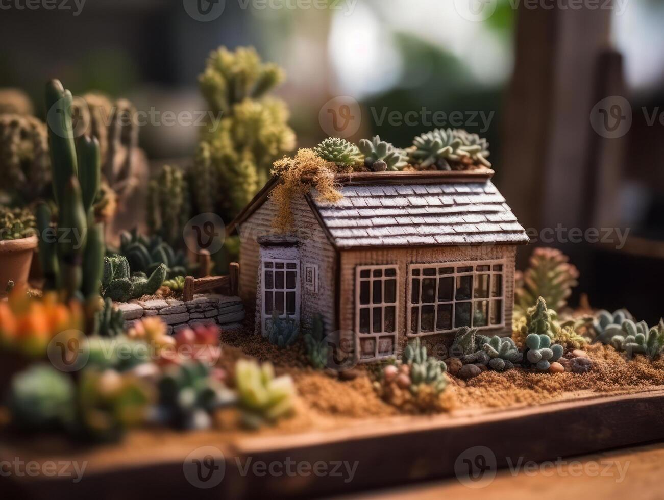 fantasia miniatura casa fiori succulente e cactus nel il giardino creato con generativo ai tecnologia foto