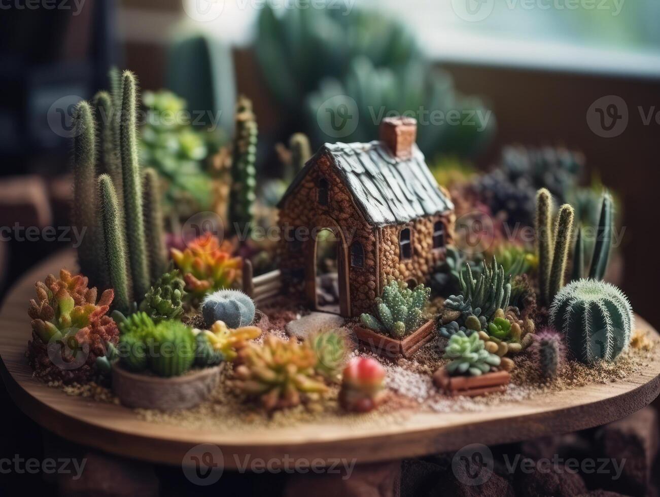 fantasia miniatura casa fiori succulente e cactus nel il giardino creato con generativo ai tecnologia foto