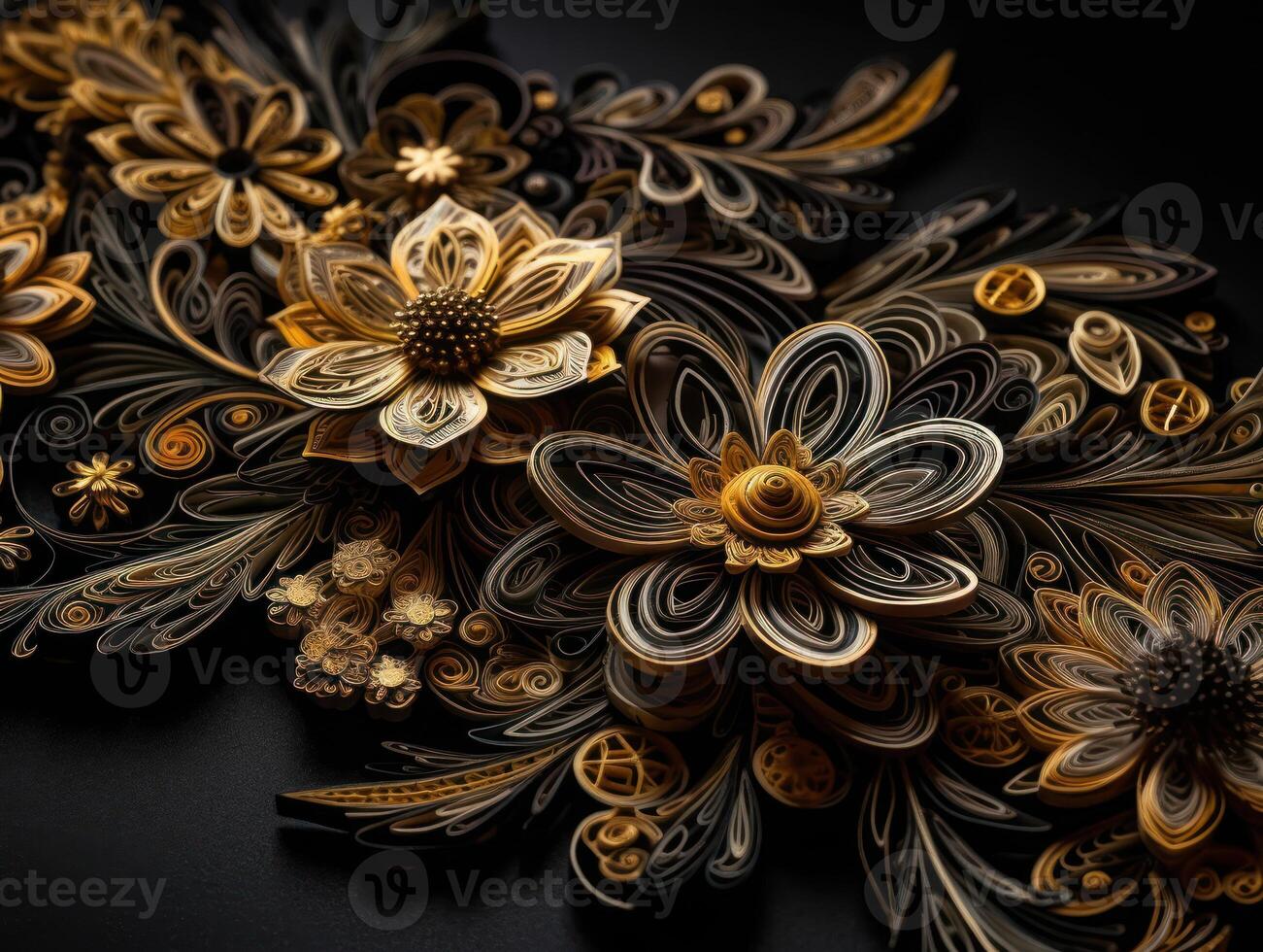 carta fatto fiori quilling mestiere tecnico nero e oro astratto sfondo Linee creato con generativo ai tecnologia foto