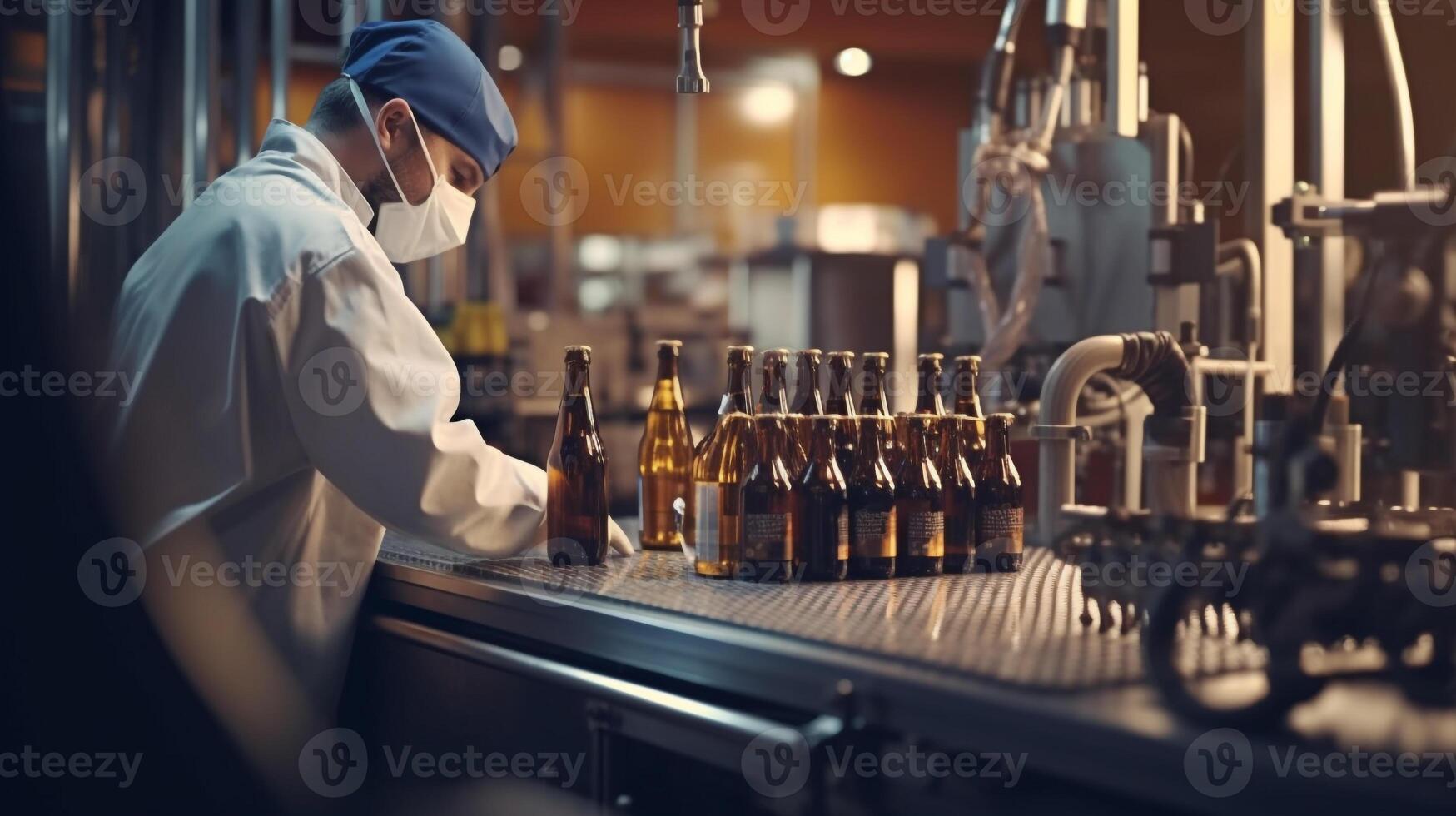 personale indossare viso maschera e uniforme Lavorando nel birra bottiglie su produzione linea con grande macchina a bevanda fabbrica interno, macchina Lavorando bottiglie produzione linea, generativo ai foto