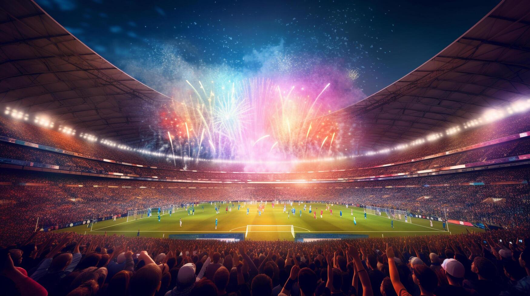 Visualizza dentro calcio stadio con fan su stadio gioco e pubblico persone celebrazione, generativo ai. foto
