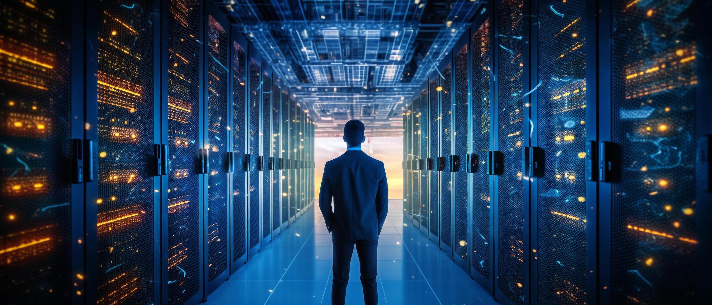 esso ingegnere nel grande Banca dati server centro ufficio, alto velocità dati trasferimento, server trasferimento, tecnologia scienza svolta, progresso, innovazione concetto, ai generativo foto