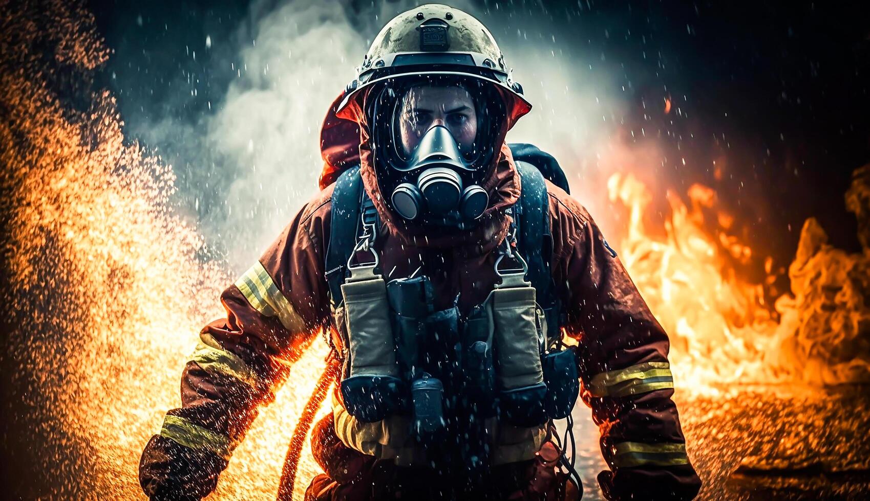 vigile del fuoco utilizzando acqua e estintore per combattente con fuoco fiamma indossare completo da uomo per sicurezza, generativo ai. foto