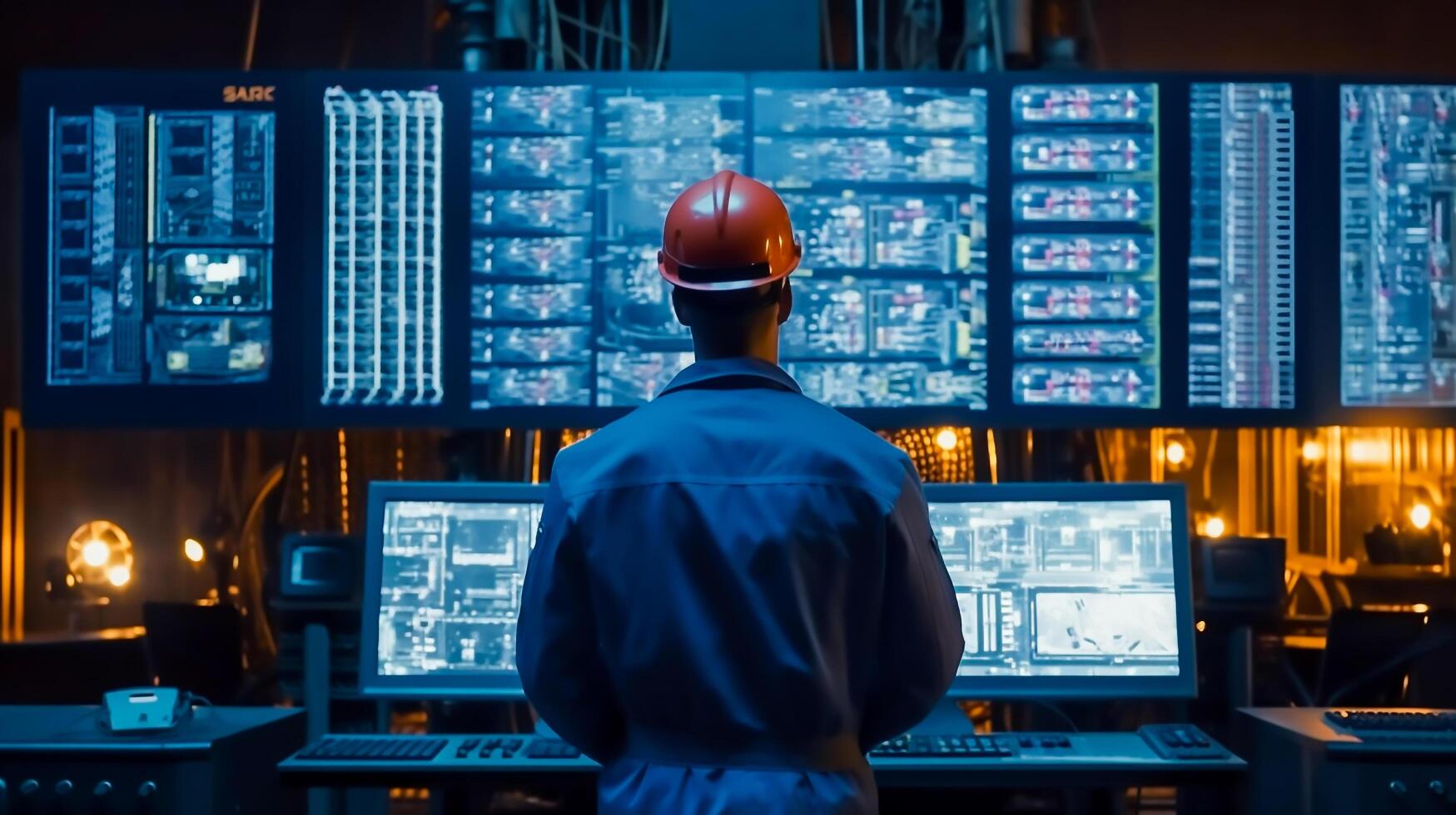 indietro Visualizza di ingegnere nel sicurezza casco e uniformi su grande schermo tenere sotto controllo computer Lavorando controllo macchina nel fabbrica, generativo ai foto