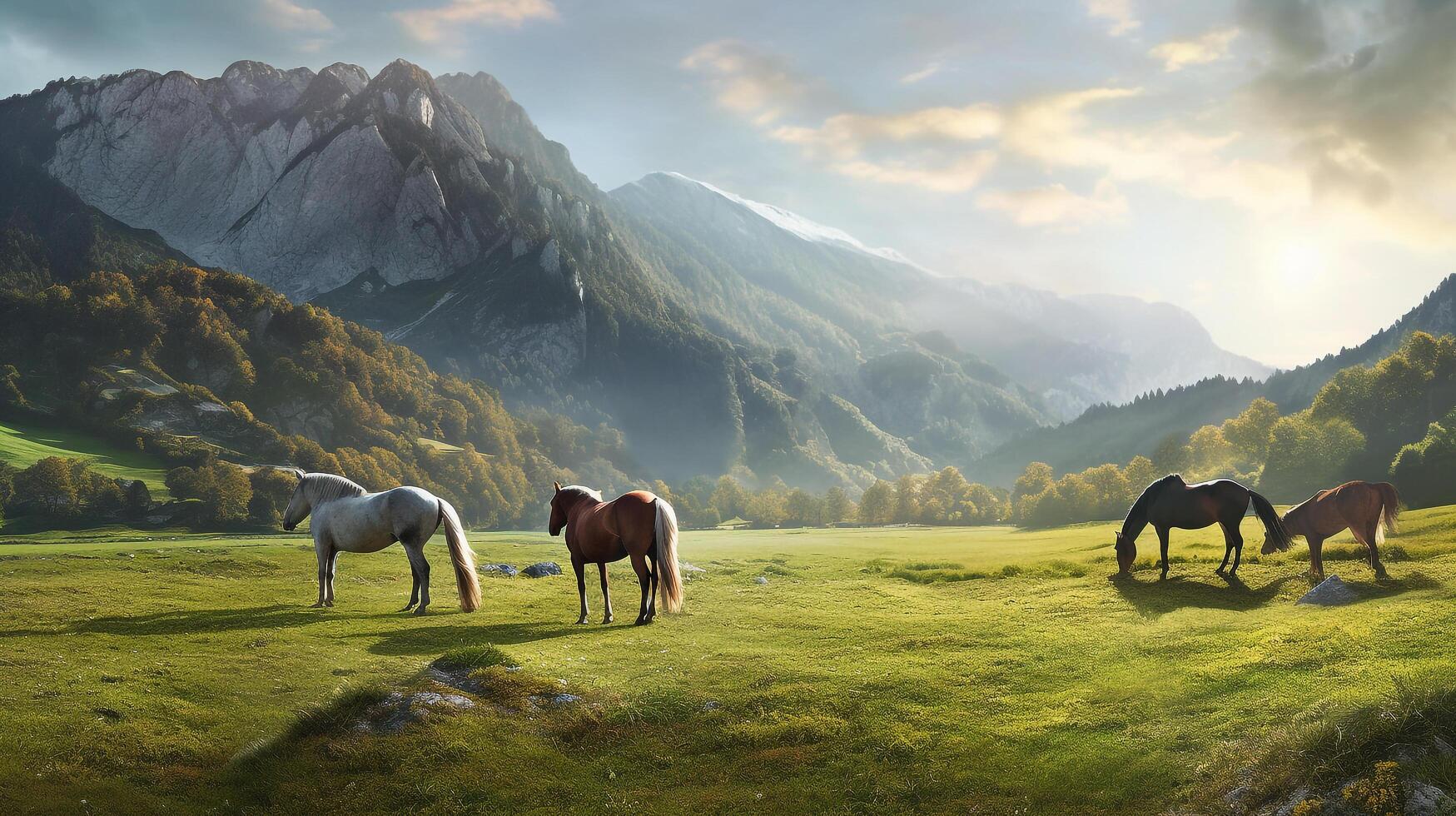 purosangue cavalli pascolo con verde bellissimo montagna sfondo nel mattina, ai generativo foto