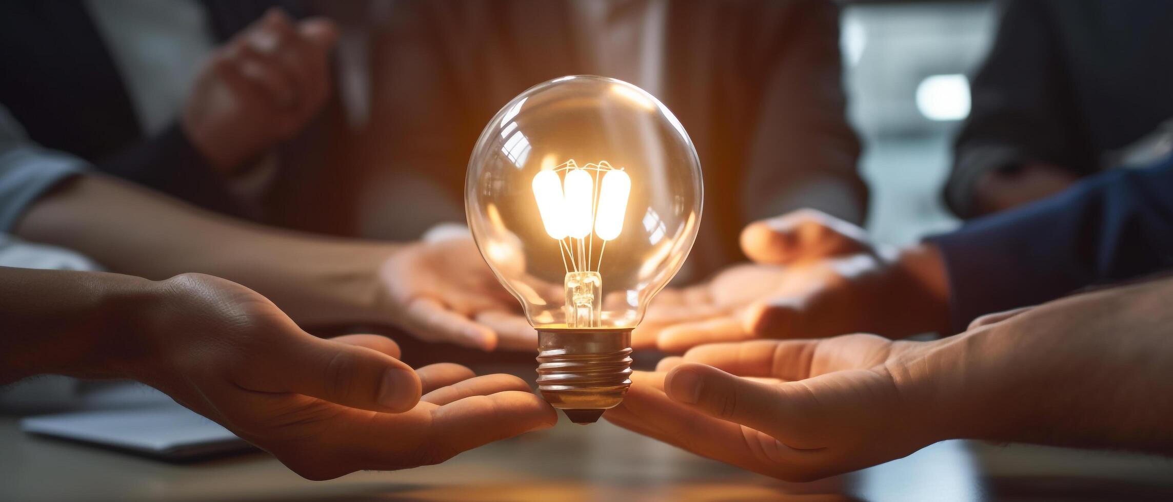 mano di attività commerciale uomo Tenere leggero lampadina con innovazione e idea attività commerciale persone piallatura e analisi opera nel ufficio, sognare squadra e squadra opera concetto, generativo ai foto