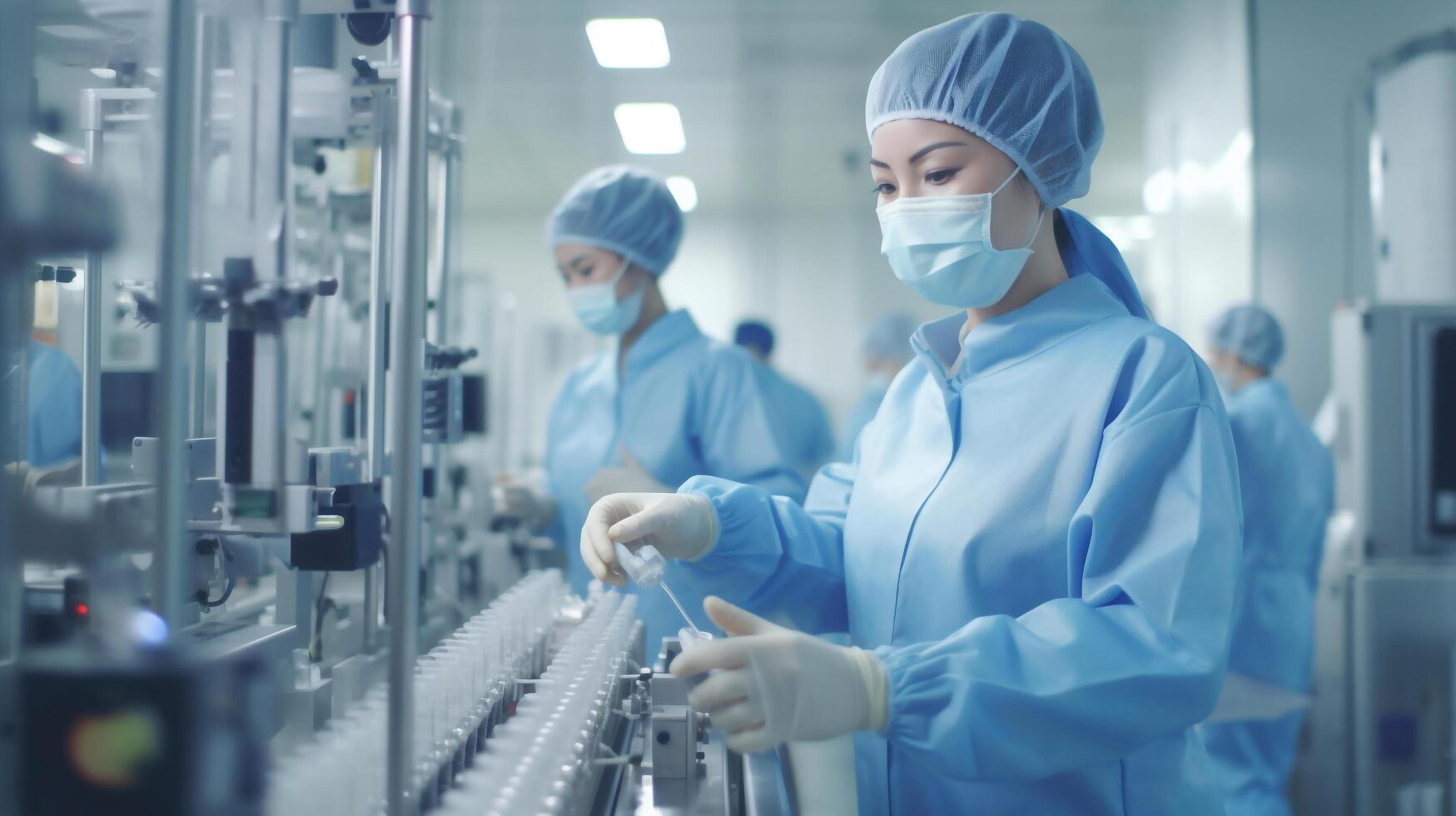 personale nel uniforme dai un'occhiata medico fiale su produzione linea a farmaceutico fabbrica, farmaceutico macchina Lavorando farmaceutico bicchiere bottiglie produzione, generativo ai foto