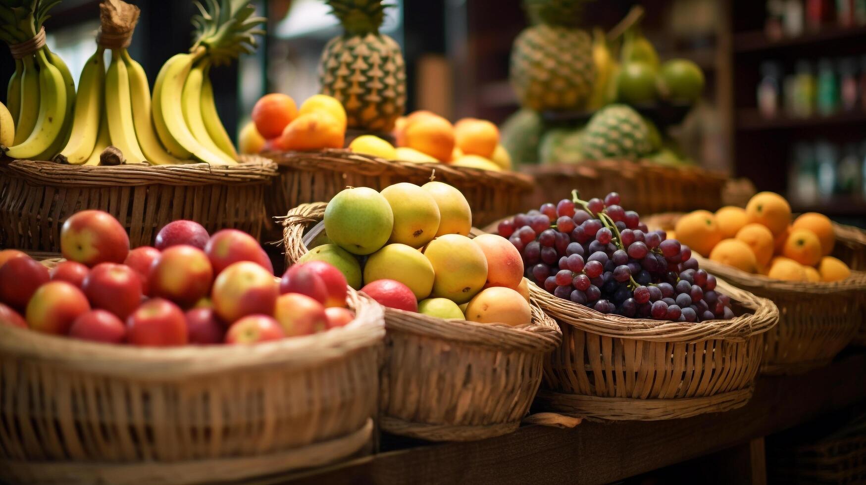 frutta nel cestino con frutta su mensola nel mercato, generativo ai foto