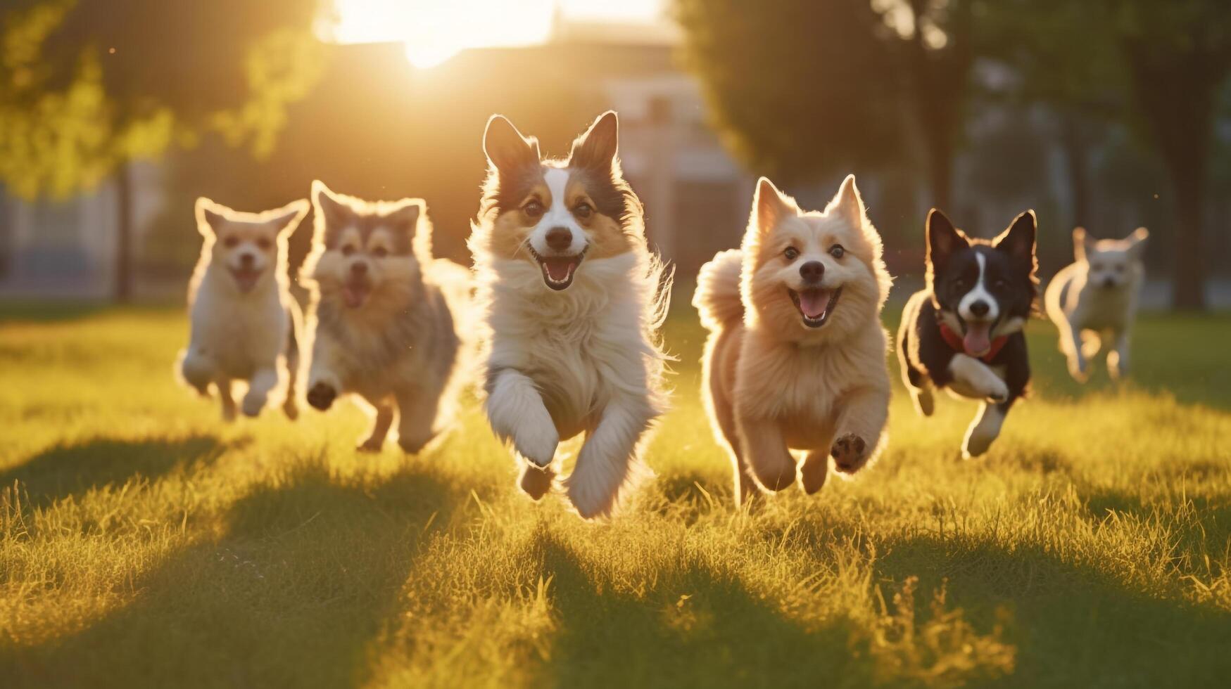 carino divertente cani gruppo in esecuzione e giocando su verde erba nel parco nel mattina sole in aumento, generativo ai foto