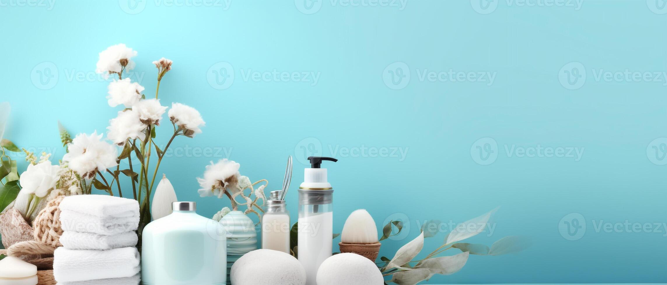 naturale cosmetici, ingredienti e bagno o terme Accessori disposte su bandiera sfondo, generativo ai foto