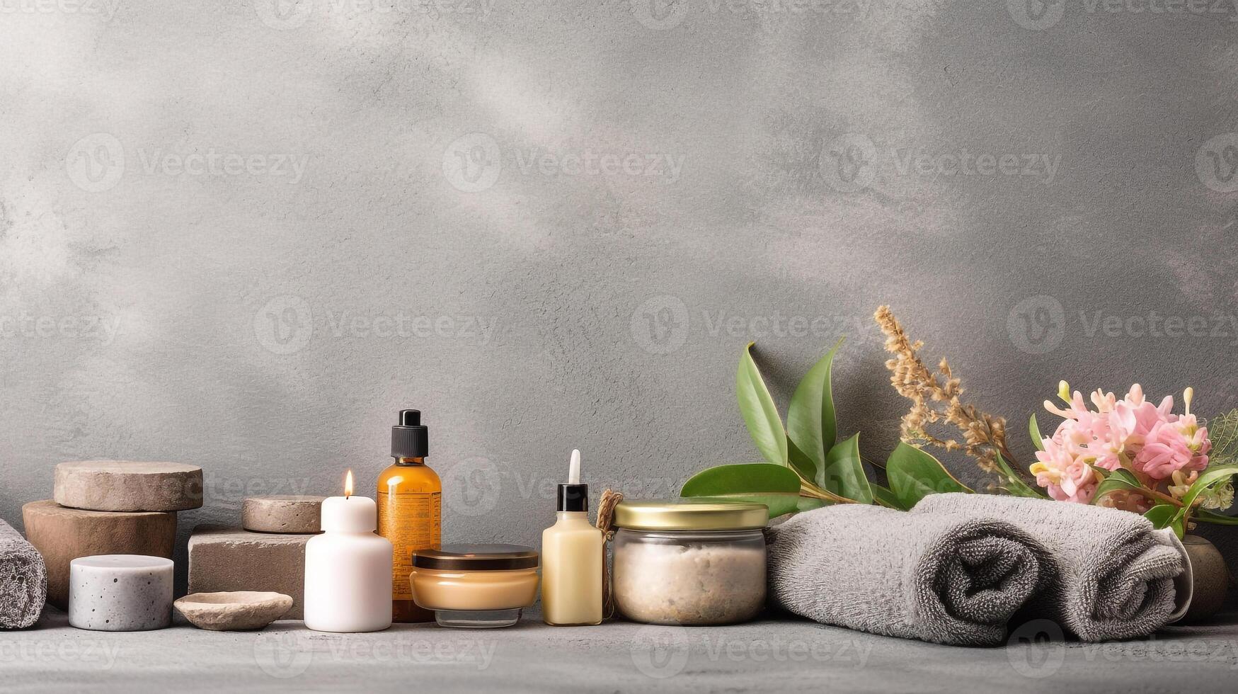 naturale cosmetici, ingredienti e bagno o terme Accessori disposte su bandiera sfondo, generativo ai foto