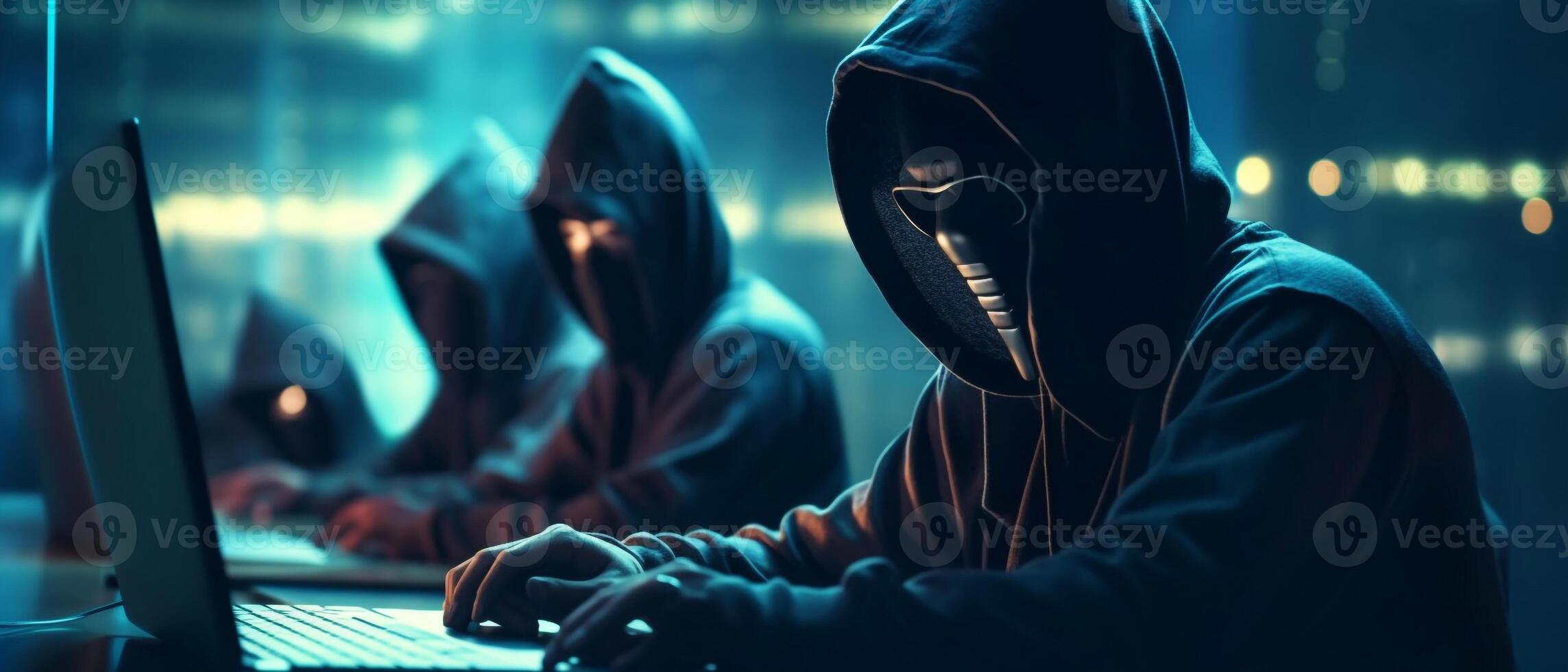 gli hacker con felpe con cappuccio. pirata gruppo squadra nel davanti il computer portatile nel moderno ufficio, generativo ai foto