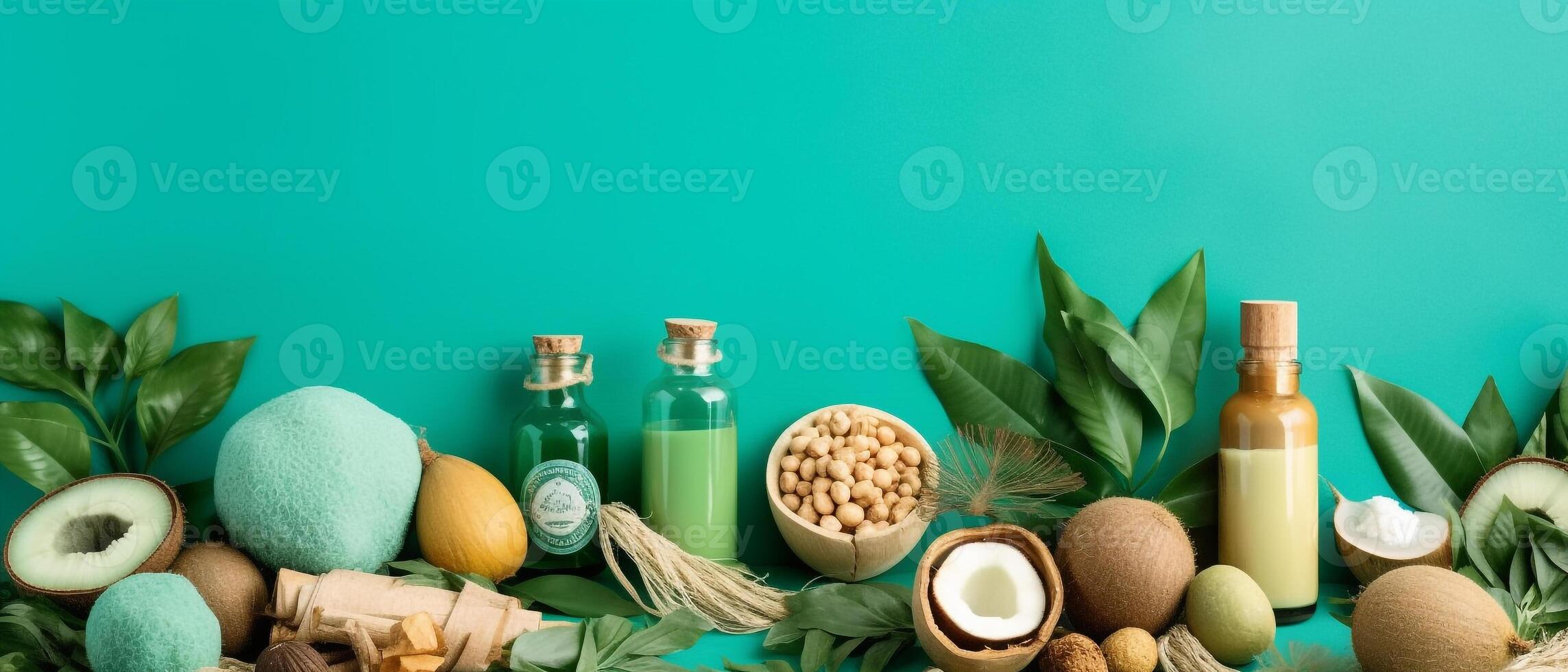 naturale cosmetici, ingredienti e bagno o terme Accessori disposte su bandiera sfondo, generativo ai foto