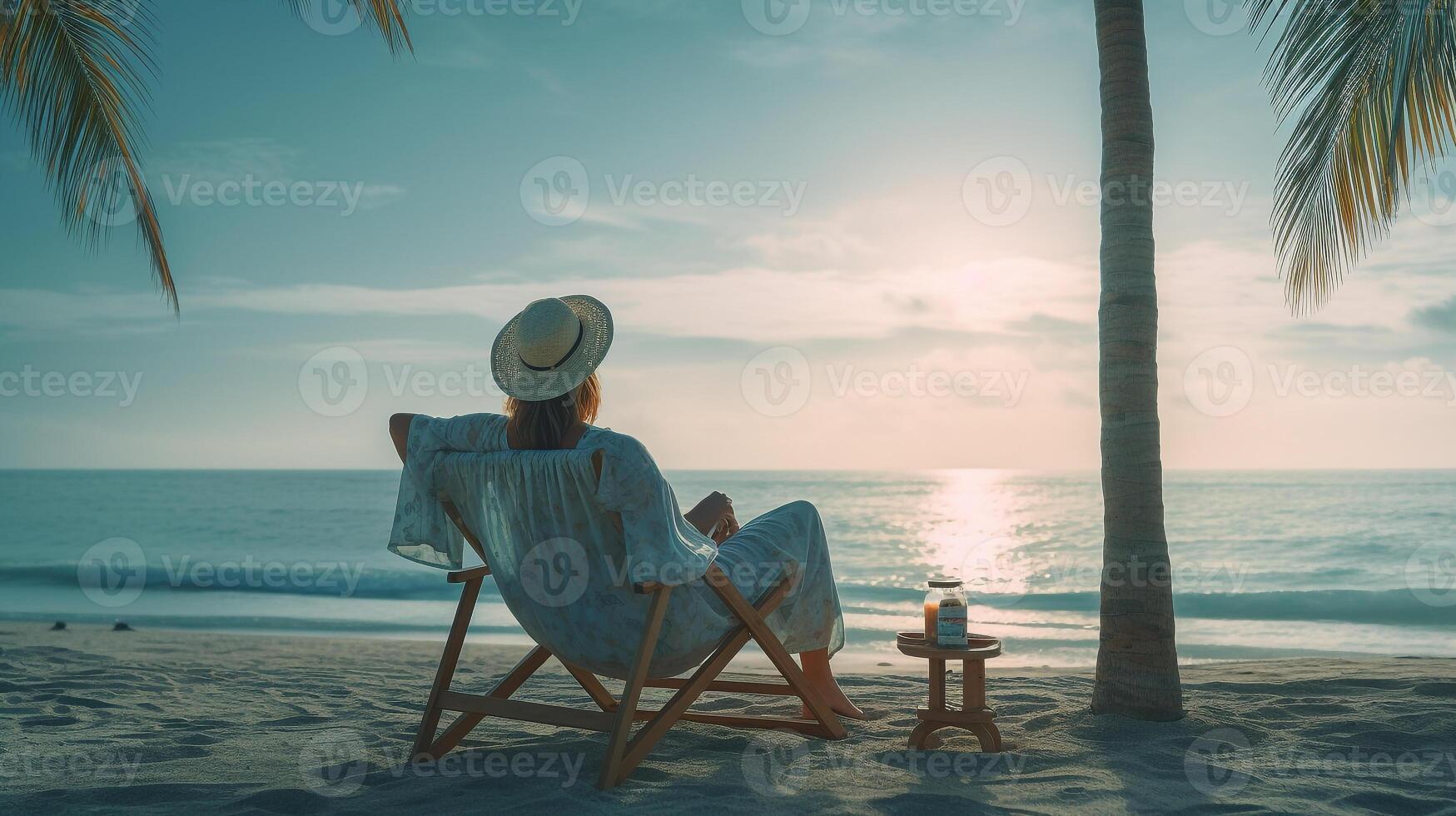 sabbioso spiaggia con donna e blu mare come sfondo, generativo ai foto