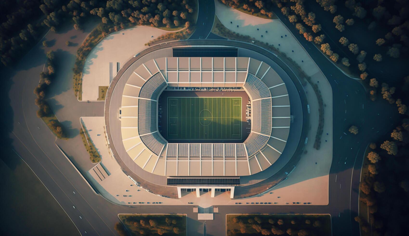 superiore Visualizza di calcio stadio a il pomeriggio, generativo ai foto